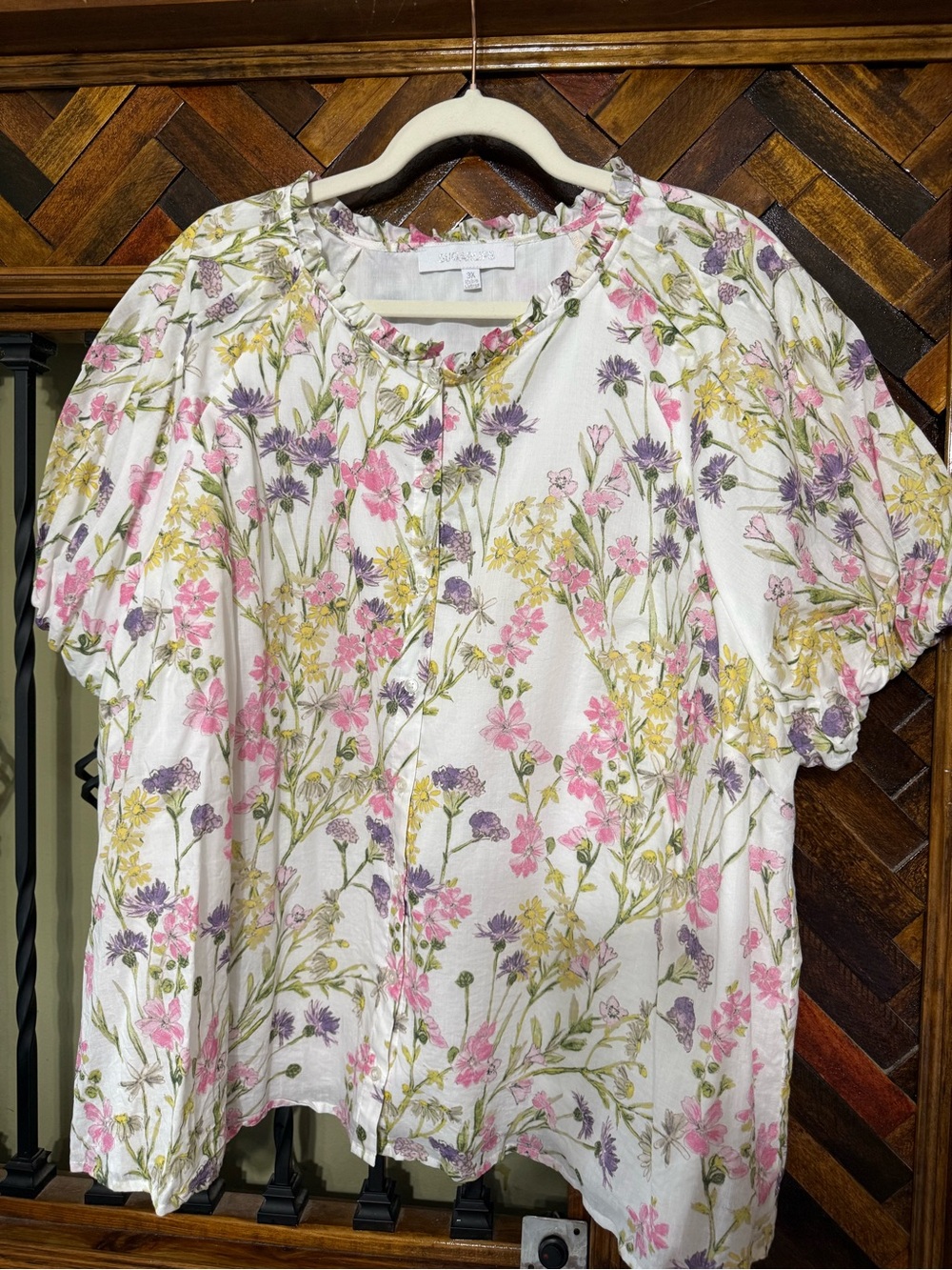 Sugarlips Floral Puff-Sleeve Blouse - White with Pink, Purple & Yellow Flowers